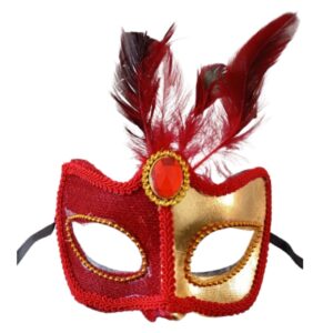 Antifaz Tentación Francesa para Mujer – Máscara de Lentejuelas con Plumas Rojo y Dorado