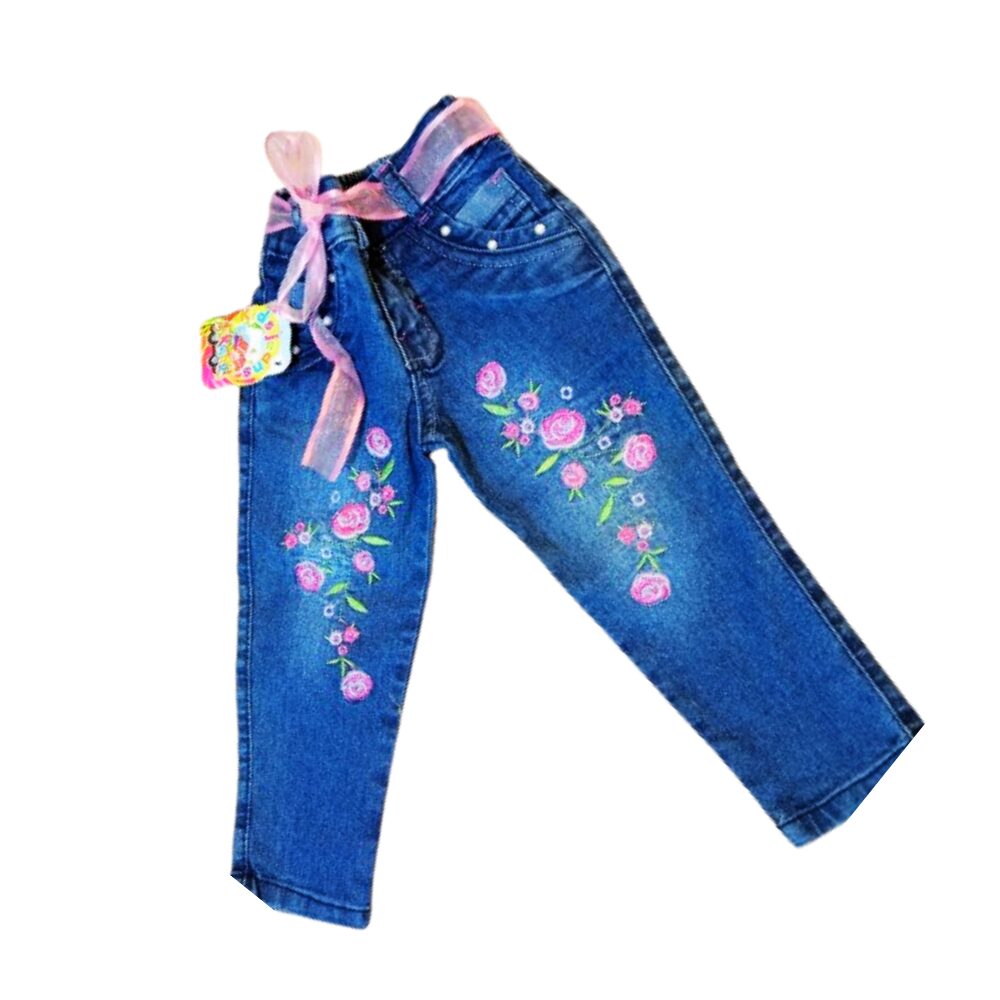 Jean para Niñas Fresa Talla 1 – Stretch con Bolsillos y hermoso Bordados Decorativos