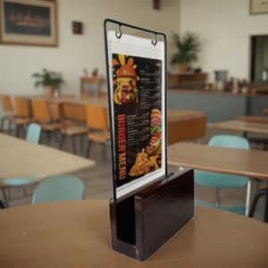 Servilletero de Madera con Acrílico para Anuncios – Porta Servilletas para Restaurante y Bar
