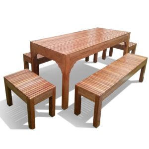 Juego de Comedor Campestre Terraza Wolf – Madera Tornillo para Exterior con 4 Banquetas