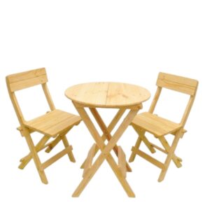 Comedor Plegable Redondo con 2 Sillas – Madera Pino, Acabado Natural Laqueado