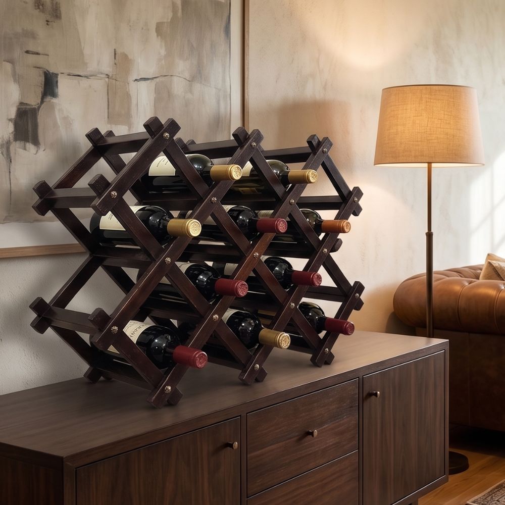 Vinera Montevideo de Madera de Pino Plegable para 10 Botellas Color Marrón – Botellero Organizador de Vinos - Imagen 3