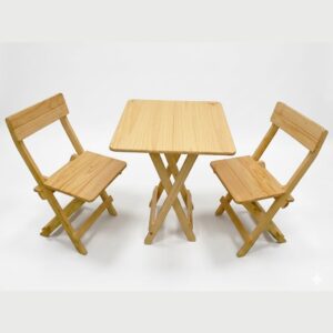 Comedor Plegable Cuadrado con 2 Sillas – Madera Pino, Acabado Natural Laqueado