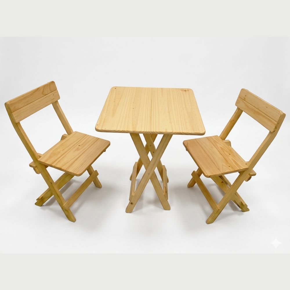 Comedor Plegable Cuadrado con 2 Sillas – Madera Pino, Acabado Natural Laqueado
