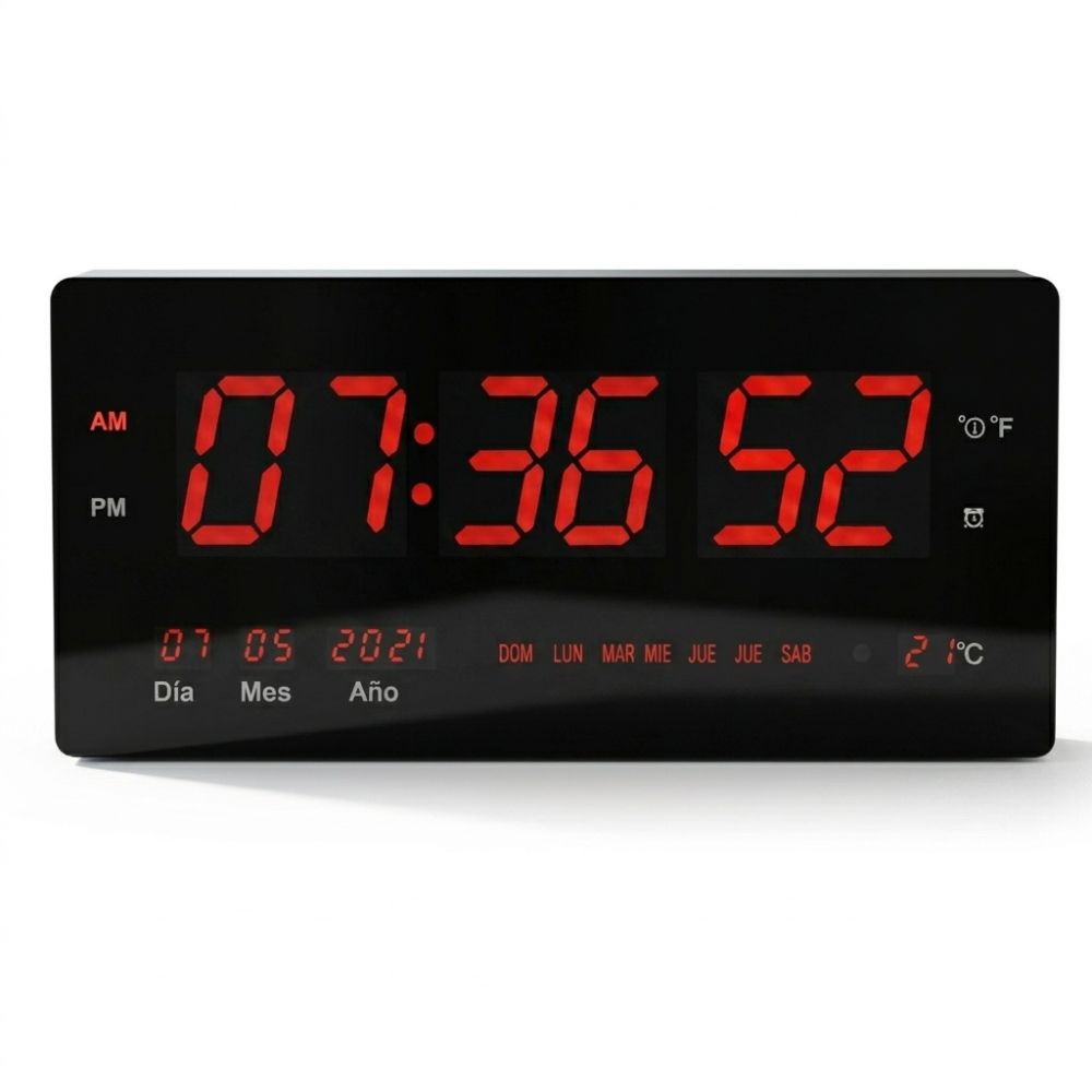 Reloj Digital Chico de Pared 36×15 cm – Temperatura, Alarma, Calendario, Números Grandes y Doble Alimentación