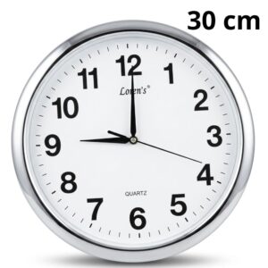 Reloj de Pared Redondo Analógico 30 cm – Borde Plateado, Fondo Blanco