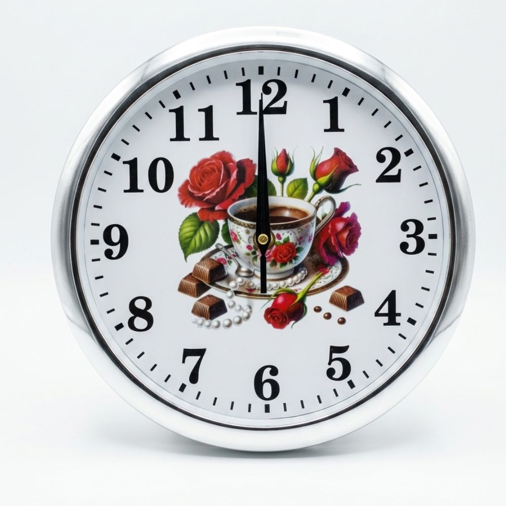 Reloj de Pared Rose Coffee Elegance Decorativo de 25 cm – Diseño Floral con Taza y Chocolates