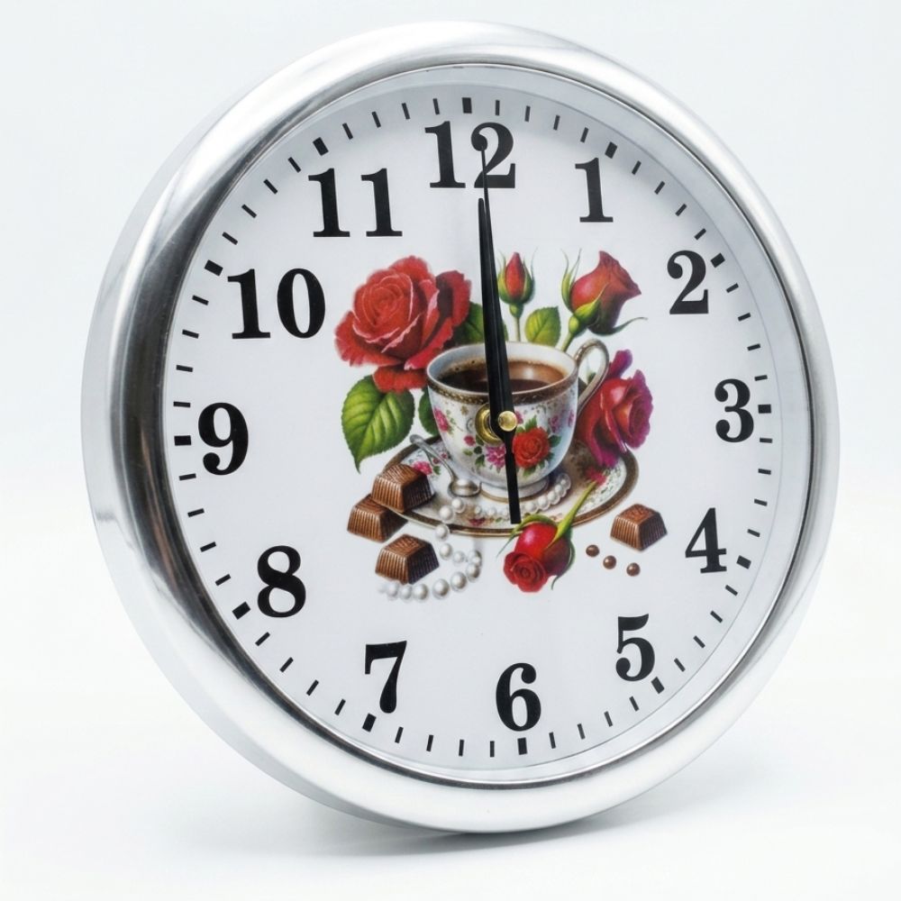 Reloj de Pared Rose Coffee Elegance Decorativo de 25 cm – Diseño Floral con Taza y Chocolates - Imagen 2