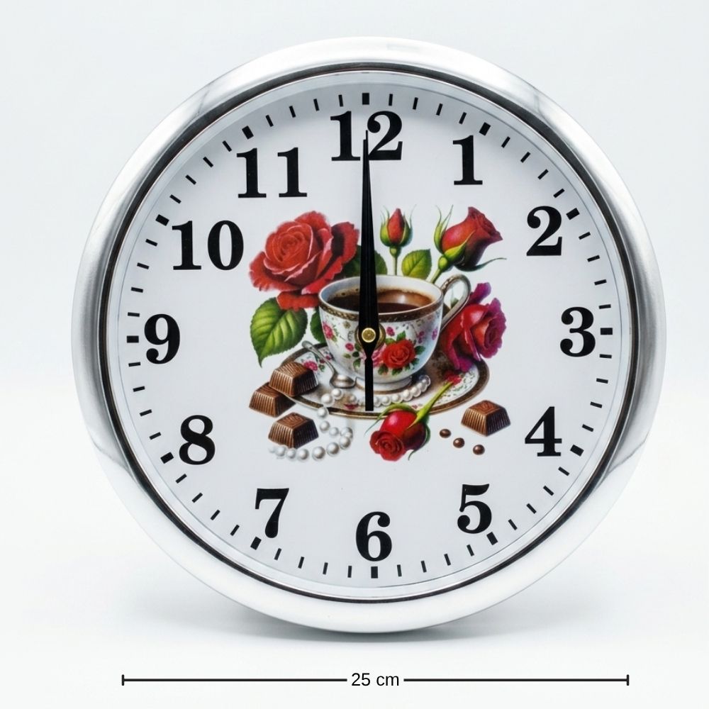 Reloj de Pared Rose Coffee Elegance Decorativo de 25 cm – Diseño Floral con Taza y Chocolates - Imagen 3