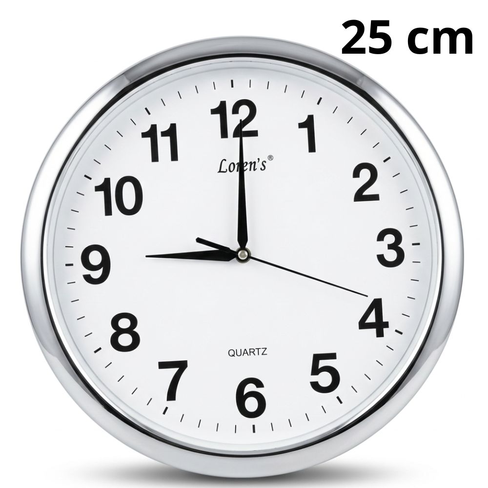 Reloj de Pared Redondo Analógico 25 cm – Borde Plateado, Fondo Blanco