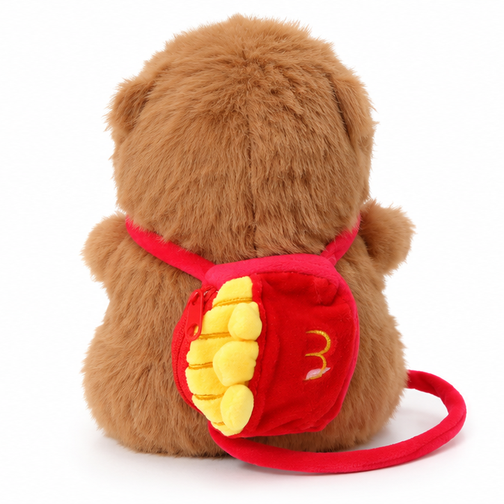 Peluche Capibara Marrón con Morral de Papas y Capa Roja - Imagen 3